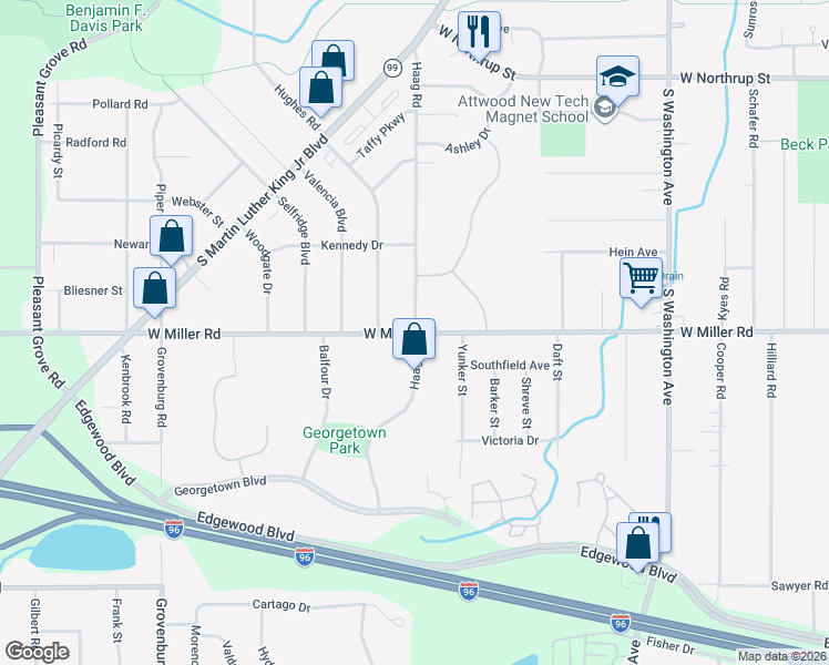 map of restaurants, bars, coffee shops, grocery stores, and more near W Miller Rd & Haag Rd in Lansing