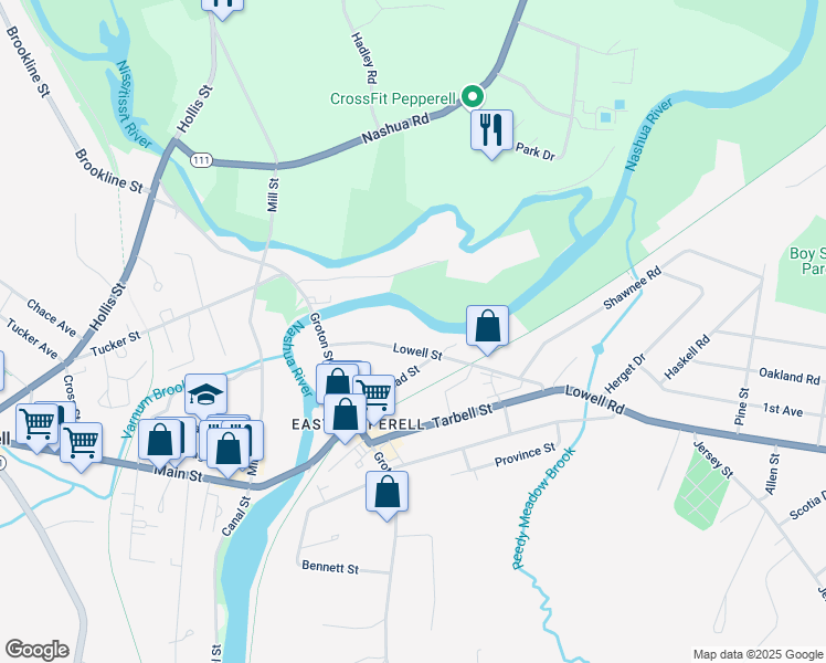 map of restaurants, bars, coffee shops, grocery stores, and more near 12 Lowell Street in Pepperell
