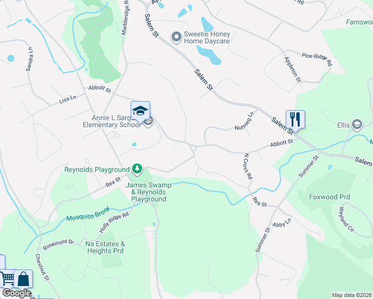 map of restaurants, bars, coffee shops, grocery stores, and more near 210 Abbott Street in North Andover