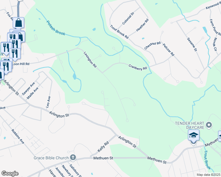 map of restaurants, bars, coffee shops, grocery stores, and more near 127 Lexington Road in Dracut