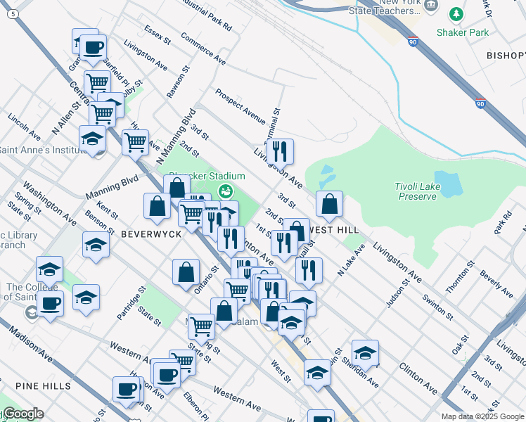 map of restaurants, bars, coffee shops, grocery stores, and more near 86 Ontario Street in Albany