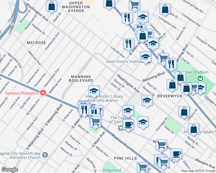 map of restaurants, bars, coffee shops, grocery stores, and more near 845 Chestnut Street in Albany