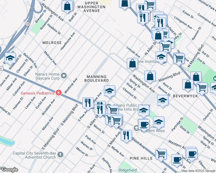 map of restaurants, bars, coffee shops, grocery stores, and more near 71 North Pine Avenue in Albany