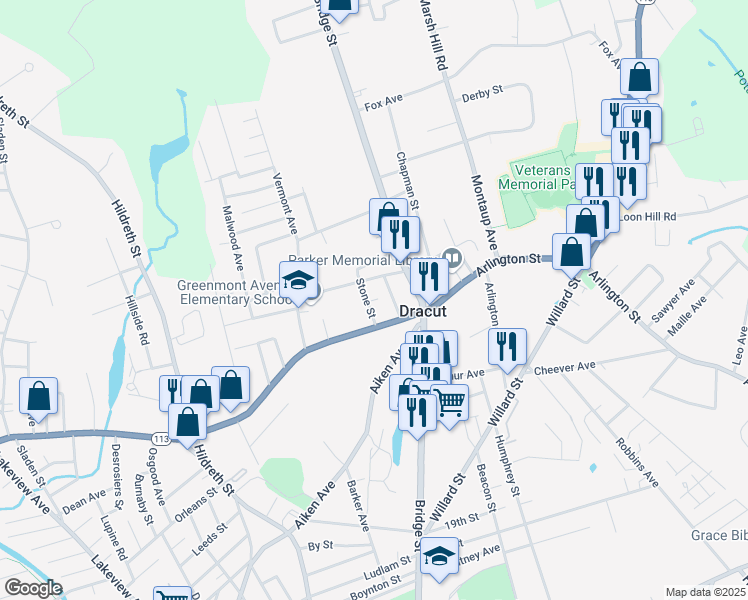 map of restaurants, bars, coffee shops, grocery stores, and more near 23 Stone Street in Dracut