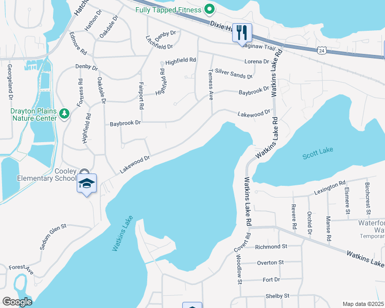 map of restaurants, bars, coffee shops, grocery stores, and more near 3895 Lakewood Drive in Waterford Township