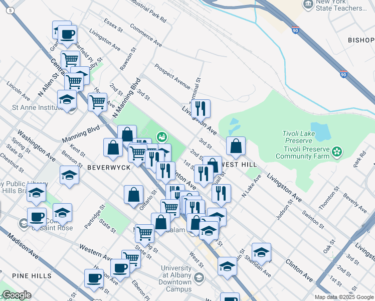 map of restaurants, bars, coffee shops, grocery stores, and more near 86 Ontario Street in Albany