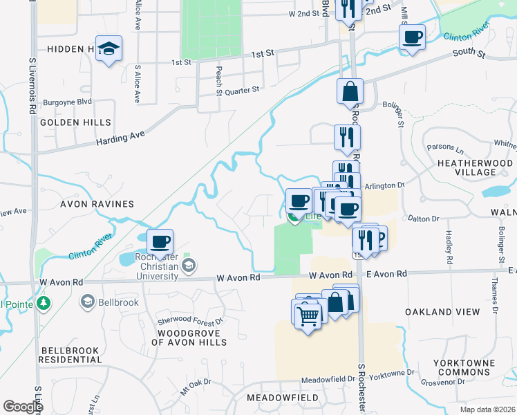 map of restaurants, bars, coffee shops, grocery stores, and more near 331 Strawberry Dr in Rochester Hills