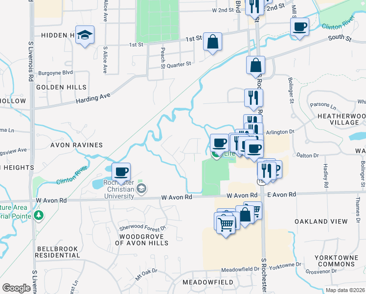 map of restaurants, bars, coffee shops, grocery stores, and more near 337 Strawberry Dr in Rochester Hills