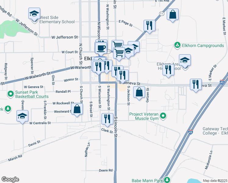 map of restaurants, bars, coffee shops, grocery stores, and more near 123 South Washington Street in Elkhorn
