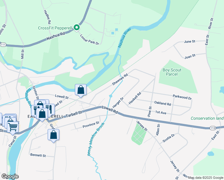 map of restaurants, bars, coffee shops, grocery stores, and more near 10 Herget Drive in Pepperell