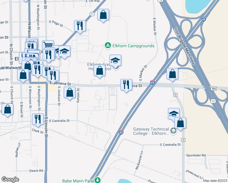 map of restaurants, bars, coffee shops, grocery stores, and more near 473 East Geneva Street in Elkhorn