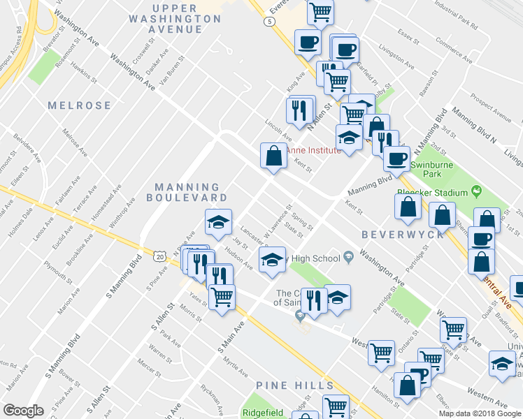 map of restaurants, bars, coffee shops, grocery stores, and more near 1000 State Street in Albany