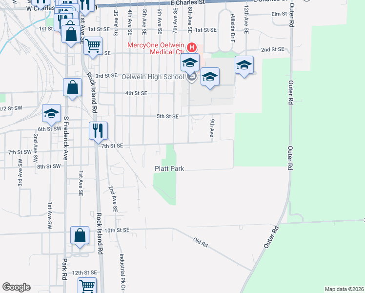 map of restaurants, bars, coffee shops, grocery stores, and more near 732 7th Street Southeast in Oelwein