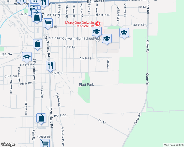 map of restaurants, bars, coffee shops, grocery stores, and more near 732-798 7th Street Southeast in Oelwein