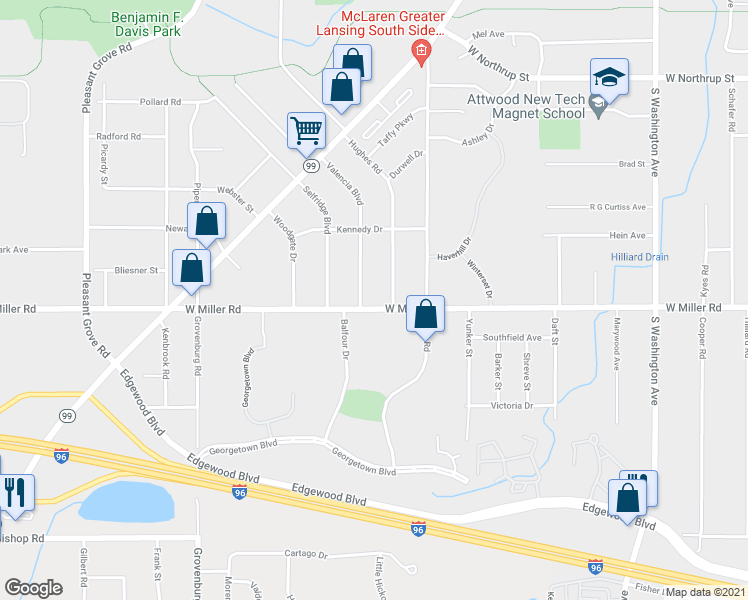 map of restaurants, bars, coffee shops, grocery stores, and more near 1616 West Miller Road in Lansing