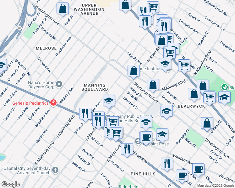 map of restaurants, bars, coffee shops, grocery stores, and more near in Albany