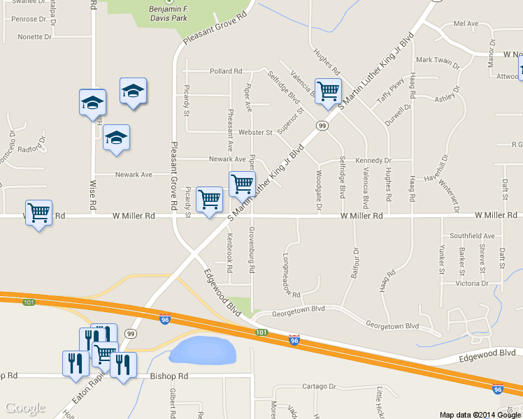 map of restaurants, bars, coffee shops, grocery stores, and more near 2121 West Miller Road in Lansing