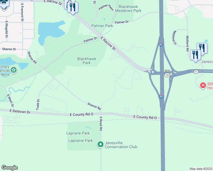 map of restaurants, bars, coffee shops, grocery stores, and more near 2696 East Racine Street in Janesville