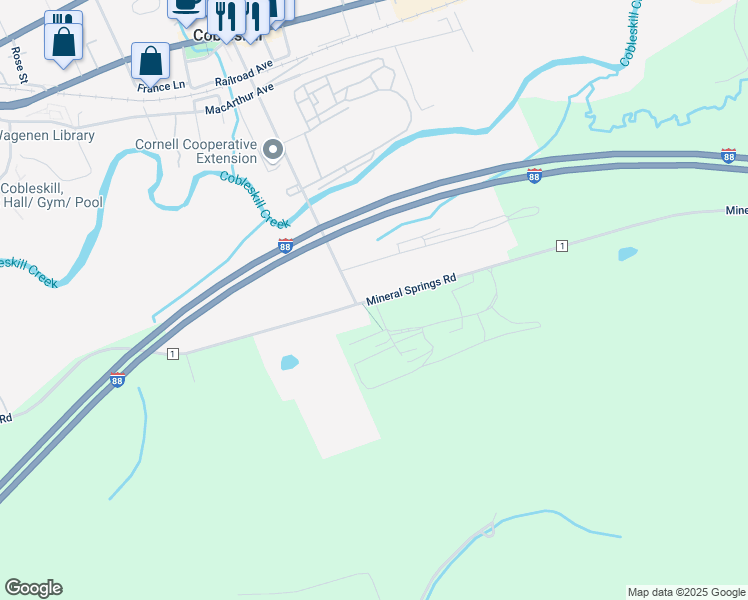 map of restaurants, bars, coffee shops, grocery stores, and more near Mineral Springs Road & Donats Brow in Cobleskill