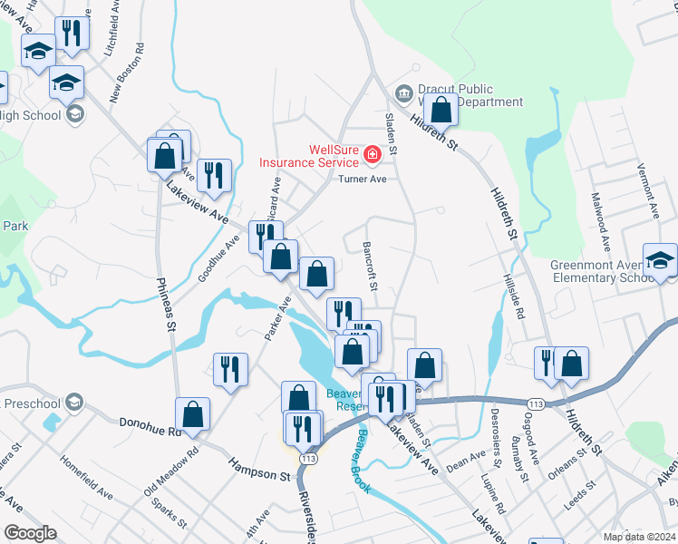 map of restaurants, bars, coffee shops, grocery stores, and more near 125 Cass Avenue in Dracut