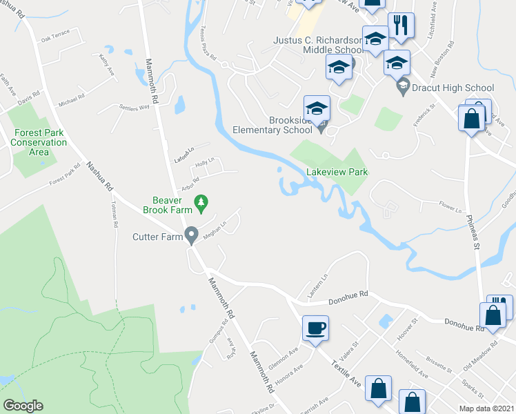 map of restaurants, bars, coffee shops, grocery stores, and more near 19 Meghan Lane in Dracut