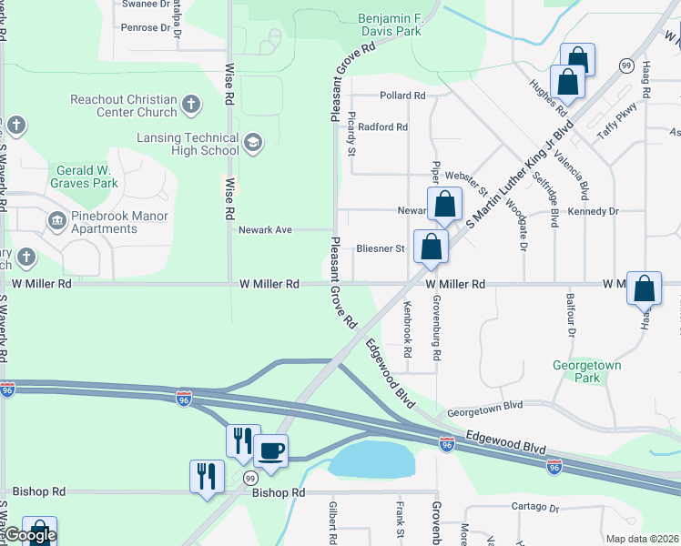 map of restaurants, bars, coffee shops, grocery stores, and more near 2425 West Miller Road in Lansing