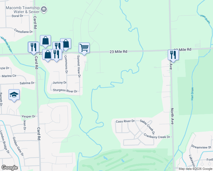 map of restaurants, bars, coffee shops, grocery stores, and more near 22440 23 Mile Road in Macomb