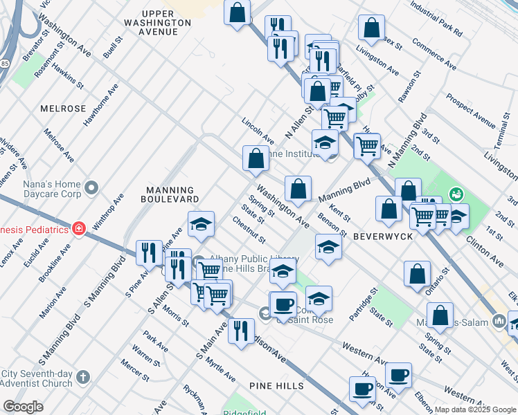 map of restaurants, bars, coffee shops, grocery stores, and more near 127 West Lawrence Street in Albany
