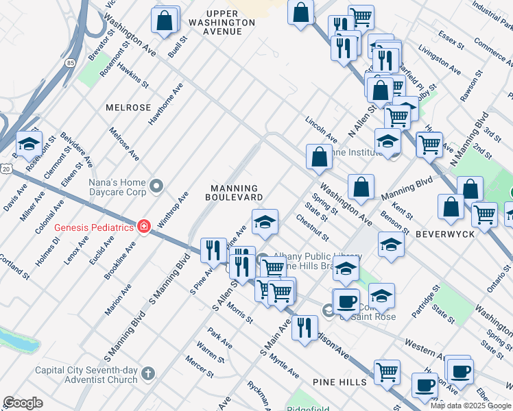 map of restaurants, bars, coffee shops, grocery stores, and more near 71 North Pine Avenue in Albany