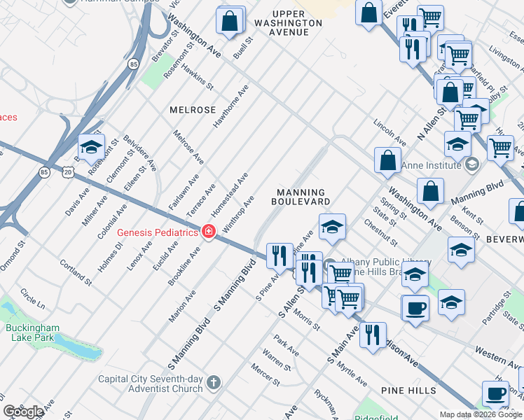 map of restaurants, bars, coffee shops, grocery stores, and more near 30 Manning Boulevard in Albany