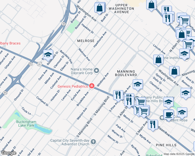 map of restaurants, bars, coffee shops, grocery stores, and more near 22 Winthrop Avenue in Albany