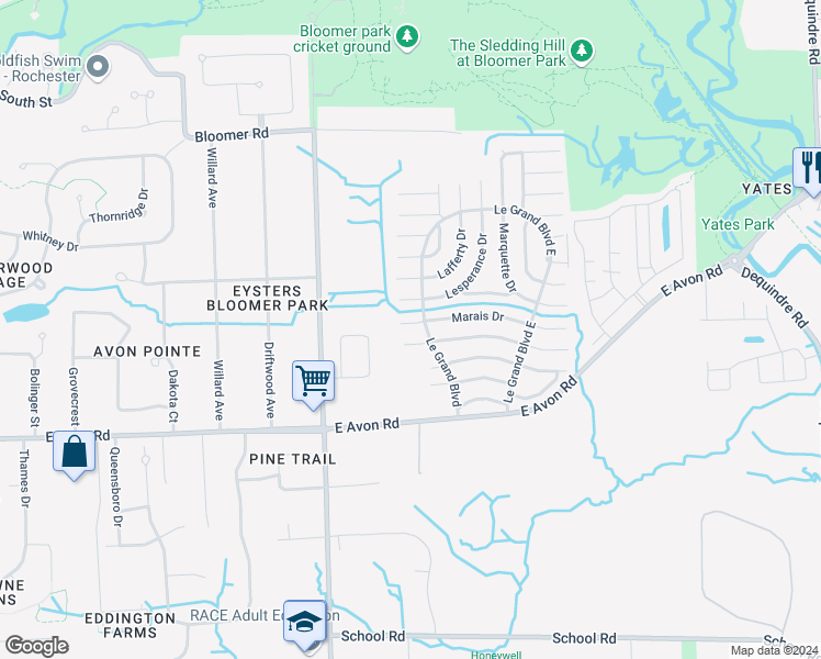 map of restaurants, bars, coffee shops, grocery stores, and more near 600 Le Grand Boulevard in Rochester Hills