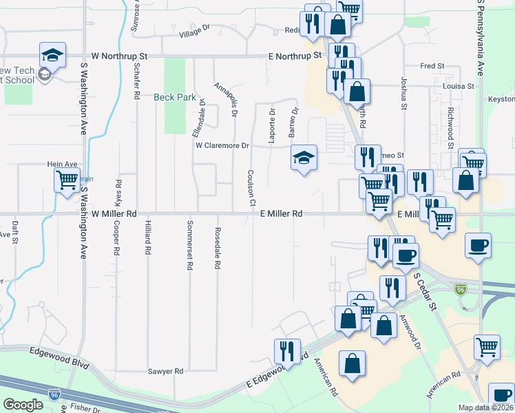 map of restaurants, bars, coffee shops, grocery stores, and more near 6109 Coulson Court in Lansing