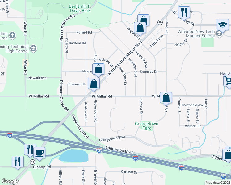 map of restaurants, bars, coffee shops, grocery stores, and more near 2035 West Miller Road in Lansing
