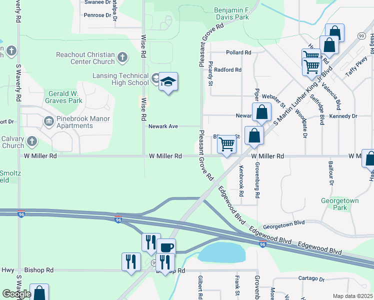 map of restaurants, bars, coffee shops, grocery stores, and more near 2610 West Miller Road in Lansing