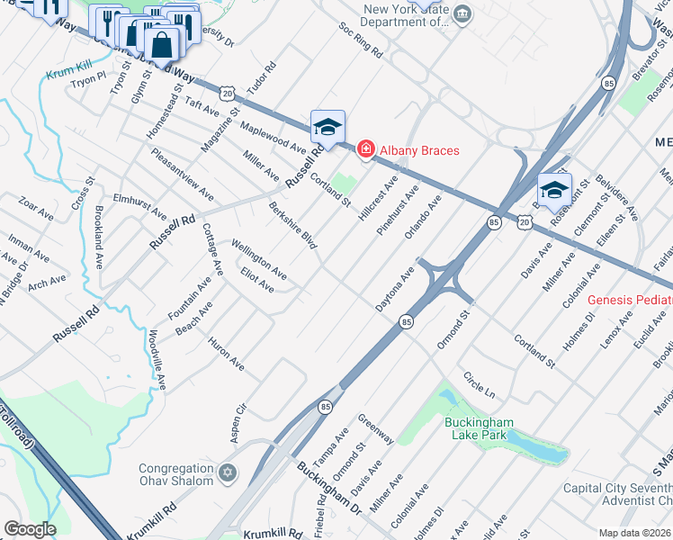 map of restaurants, bars, coffee shops, grocery stores, and more near 157 Berkshire Boulevard in Albany