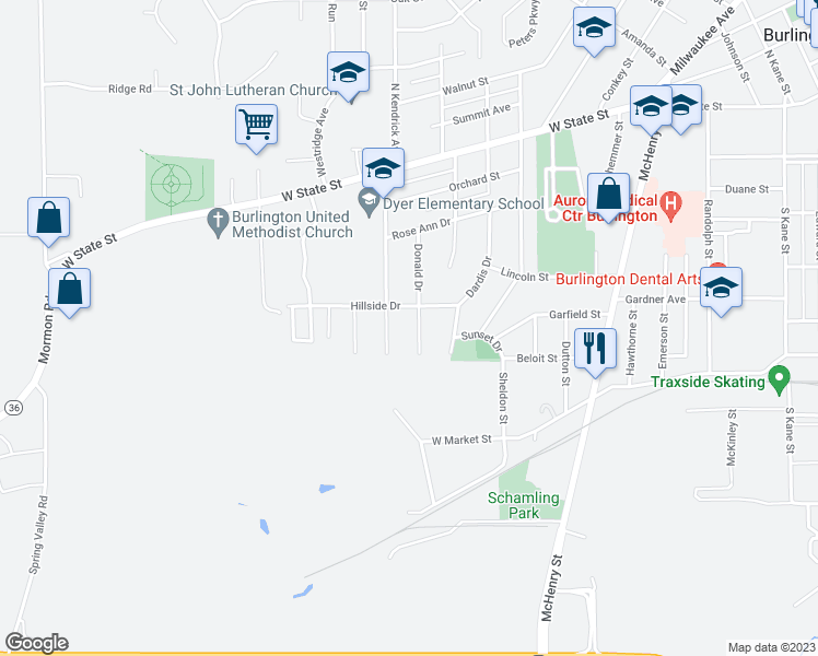 map of restaurants, bars, coffee shops, grocery stores, and more near 440 Donald Drive in Burlington