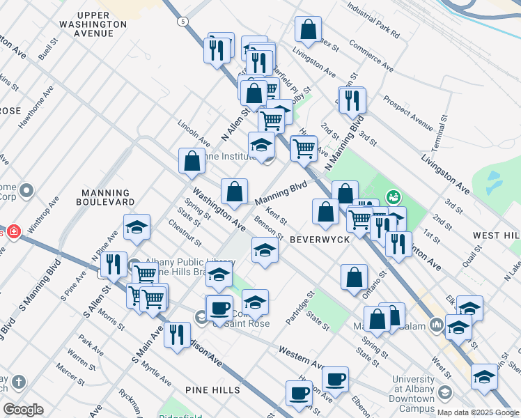 map of restaurants, bars, coffee shops, grocery stores, and more near 202 Benson Street in Albany