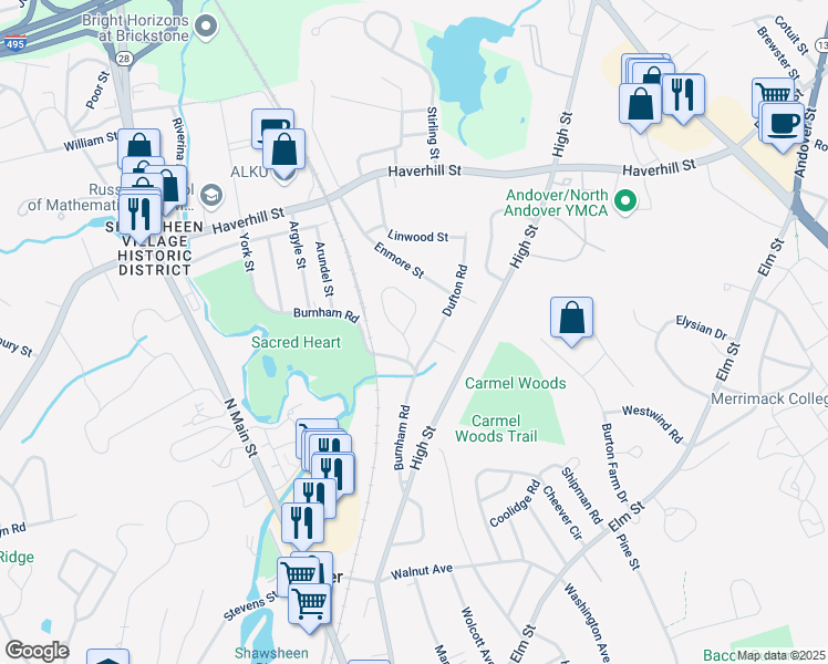 map of restaurants, bars, coffee shops, grocery stores, and more near 2 Dufton Road in Andover