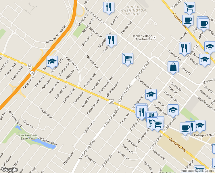 map of restaurants, bars, coffee shops, grocery stores, and more near 22 Winthrop Avenue in Albany