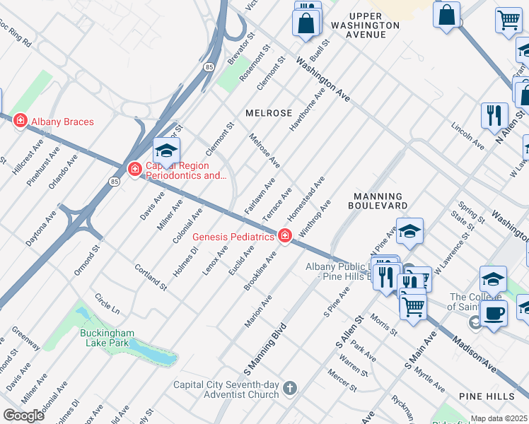 map of restaurants, bars, coffee shops, grocery stores, and more near 674 Western Avenue in Albany