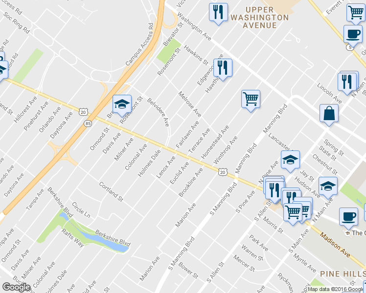 map of restaurants, bars, coffee shops, grocery stores, and more near 674 Western Avenue in Albany