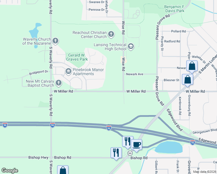 map of restaurants, bars, coffee shops, grocery stores, and more near 3201 West Miller Road in Lansing