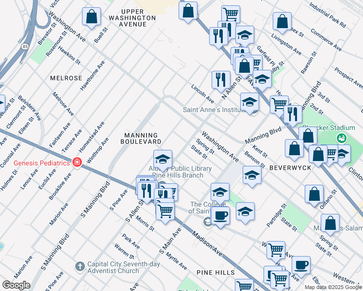 map of restaurants, bars, coffee shops, grocery stores, and more near 104 North Allen Street in Albany