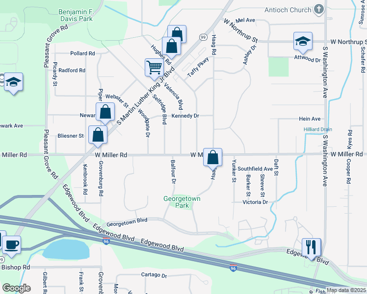 map of restaurants, bars, coffee shops, grocery stores, and more near 6063 Valencia Boulevard in Lansing