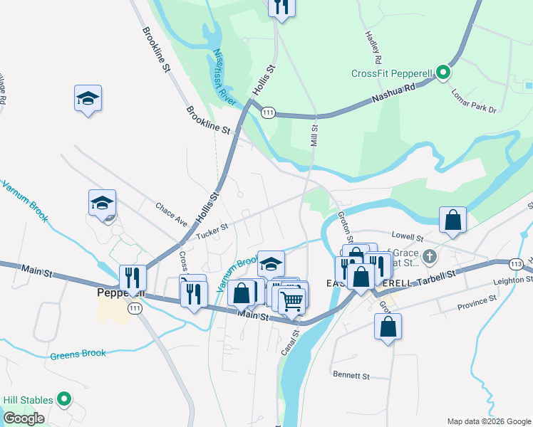 map of restaurants, bars, coffee shops, grocery stores, and more near 19B Tucker Street in Pepperell