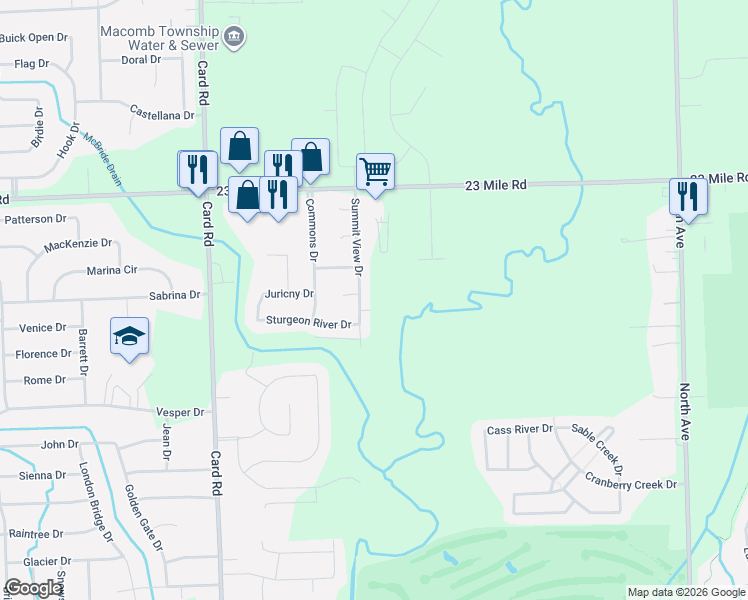 map of restaurants, bars, coffee shops, grocery stores, and more near 50476 Summit View Drive in Macomb