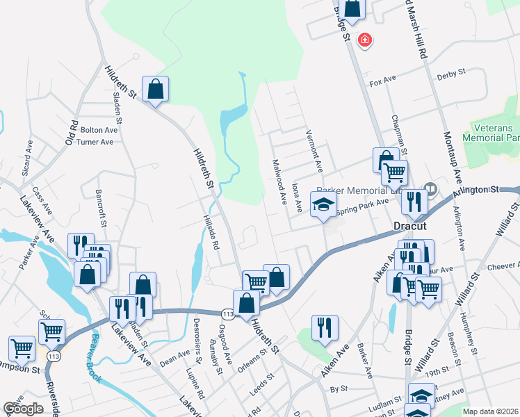 map of restaurants, bars, coffee shops, grocery stores, and more near 14 Denby Avenue in Dracut
