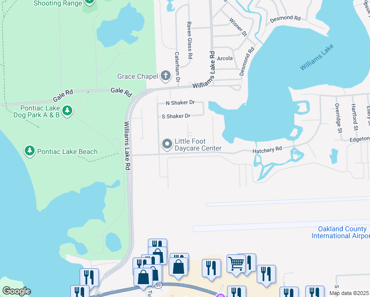 map of restaurants, bars, coffee shops, grocery stores, and more near 7412 Hatchery Road in Waterford Township