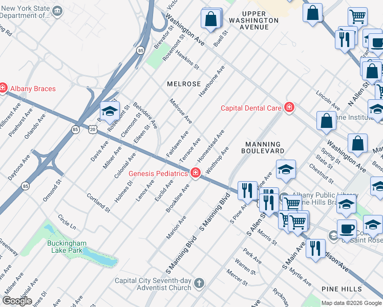 map of restaurants, bars, coffee shops, grocery stores, and more near 48 Terrace Avenue in Albany